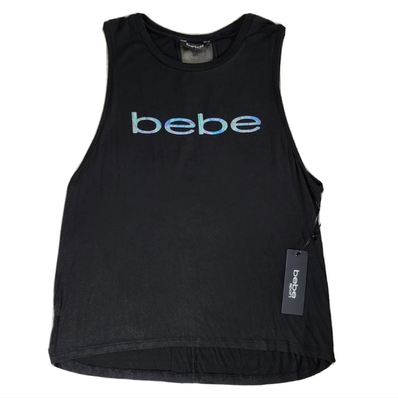 BEBE bebe Sport Black Sleeveless Tank Top Shirt Iridescent Logo Women's Large - Picture 1 of 6
